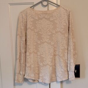 LOFT Cream Textured Floral Jacquard Long Sleeve Top